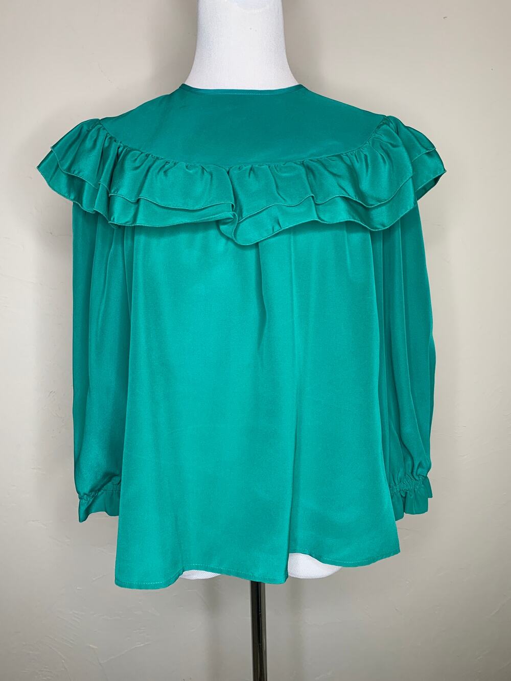 Vintage Green Puff Sleeve Ruffe Neck Blouse Sz Small